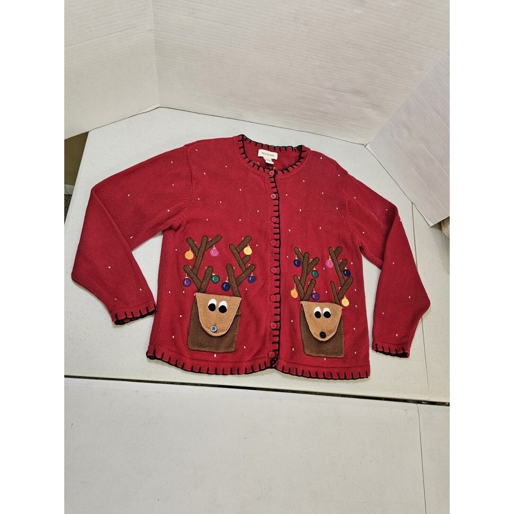 Bechamel Red Womens Reindeer Pocket Sweater L Large Christmas Lights Ugly Cute